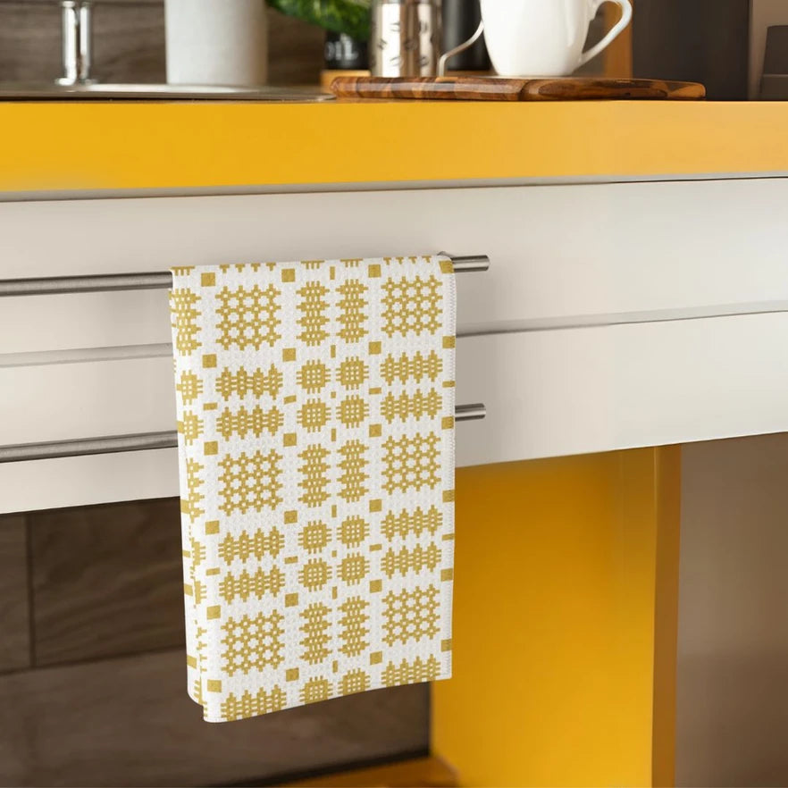Tea Towel - Welsh Tapestry Print - White & Mustard Yellow