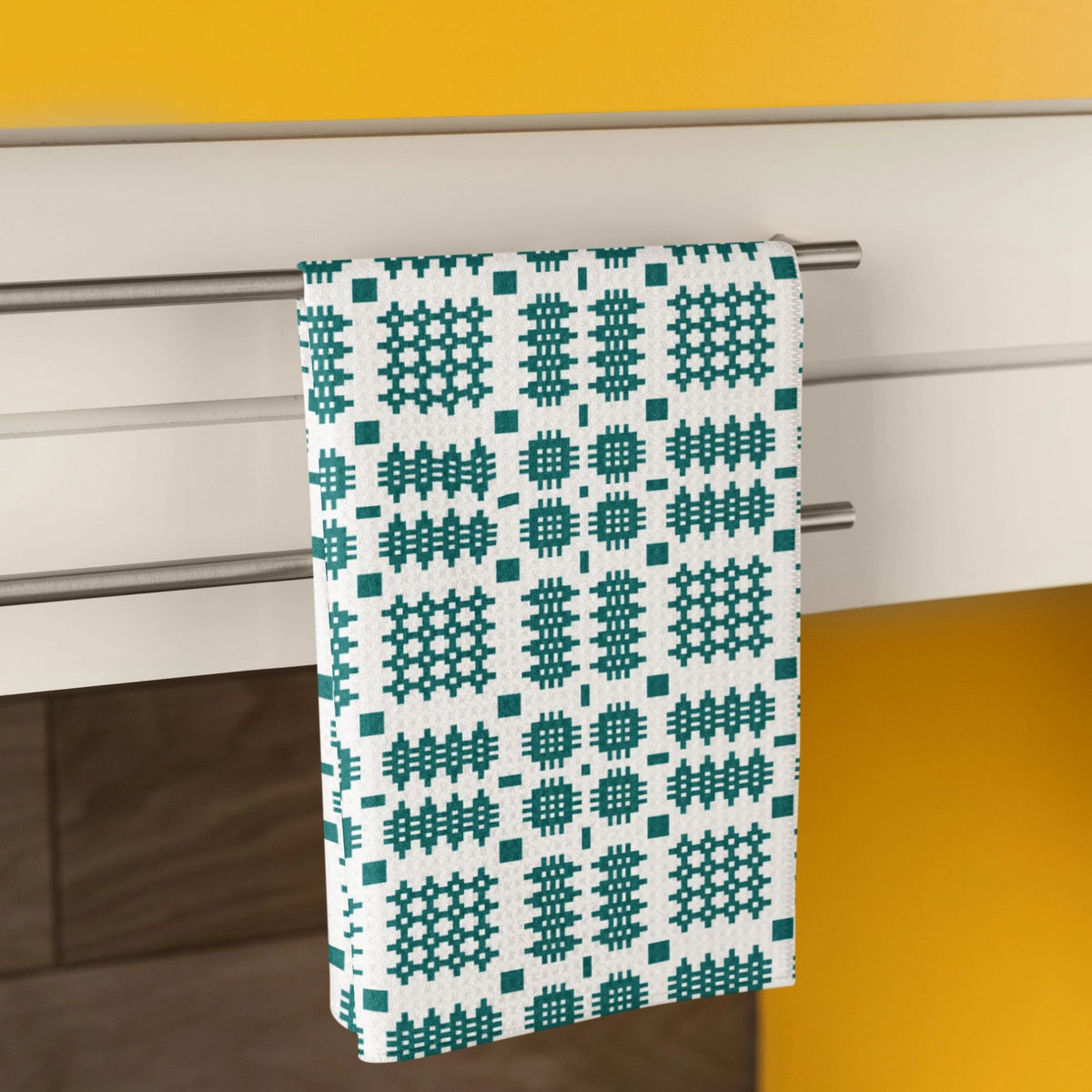 Tea Towel - Welsh Tapestry Print - White & Teal