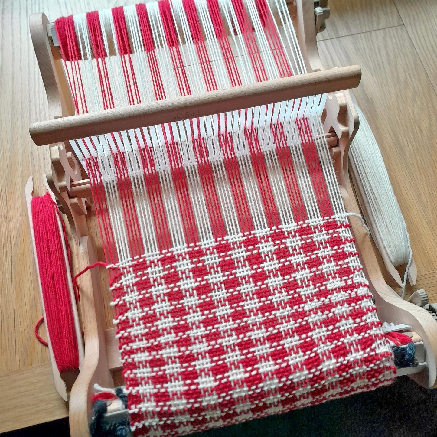 Scarf - 100% Wool - Handwoven - Welsh Checked - Red & Cream