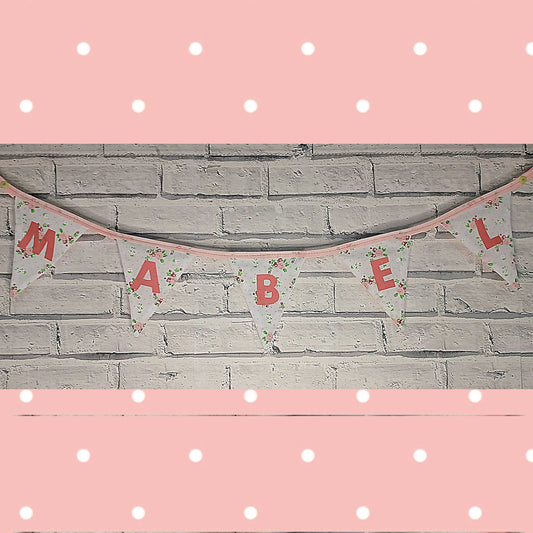 Bunting - Personalised Name - Floral Pink & White