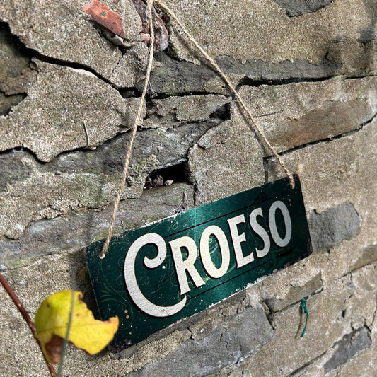 Arwydd Metel - Vintage Worn Look - Croeso / Welcome - Green