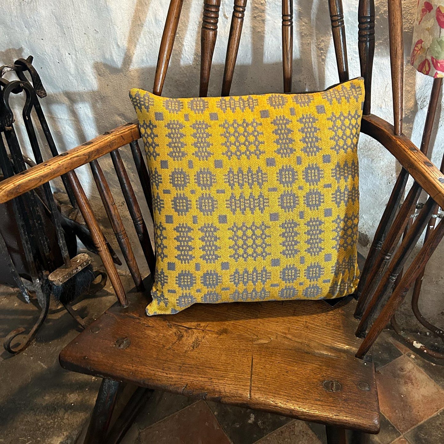 Cushion Cover - Welsh Tapestry Woven - Mustard & Grey