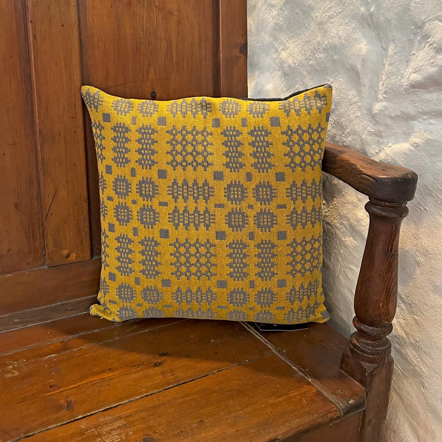 Cushion Cover - Welsh Tapestry Woven - Mustard & Grey