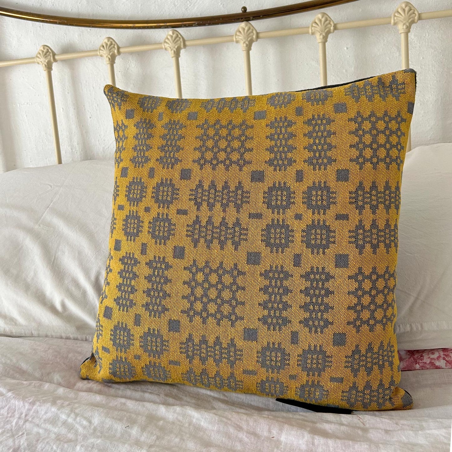 Cushion Cover - Welsh Tapestry Woven - Mustard & Grey