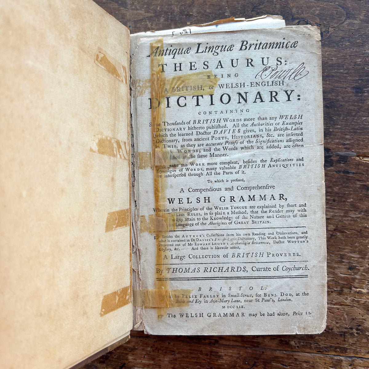 Dictionary / Geiriadur - Antiquae Linguae Britannicae - Richards Welsh & English - Antique 1759 (Preloved)