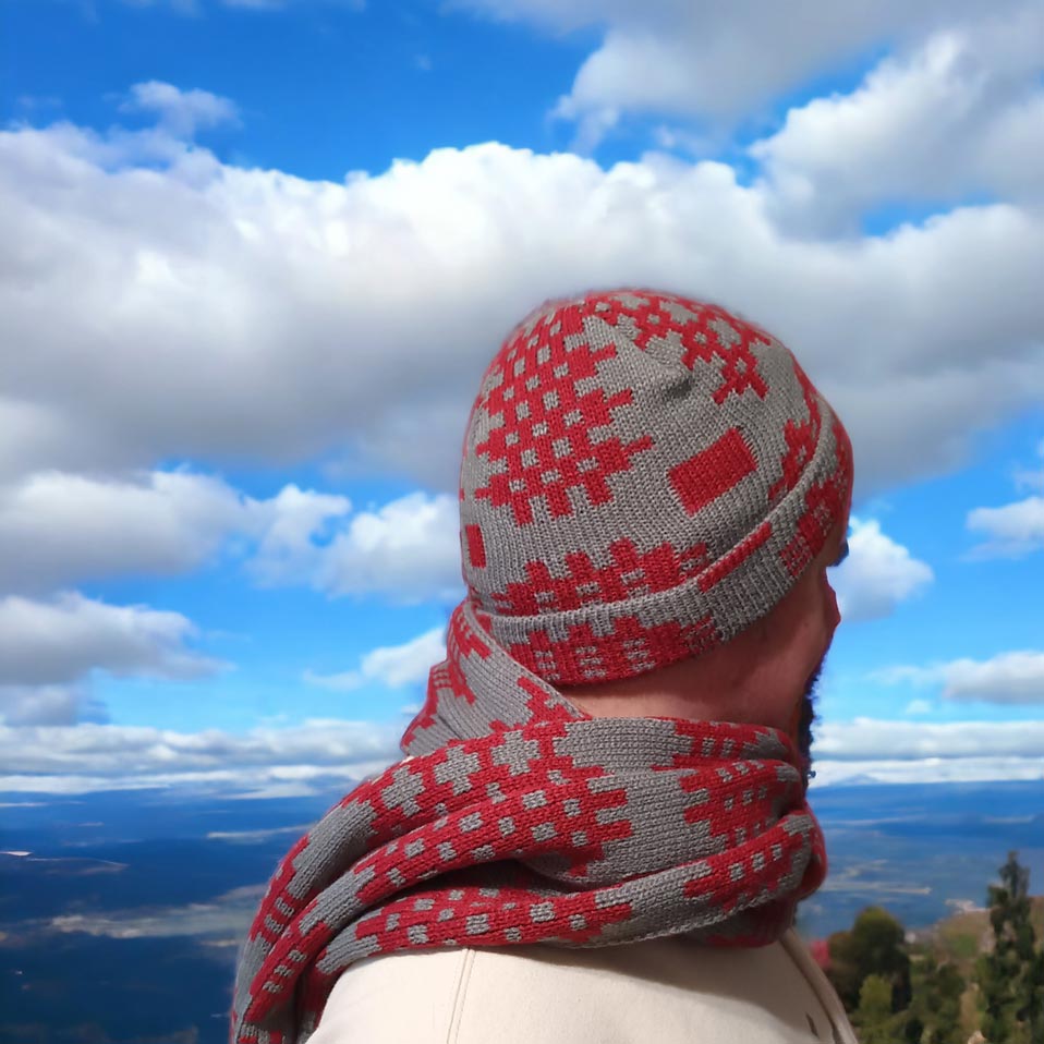 Hat & Scarf Set - Welsh Tapestry Print - Red & Grey