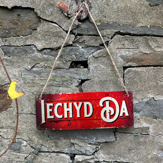 Arwydd Metel - Vintage Worn Look - Iechyd Da / Cheers - Red