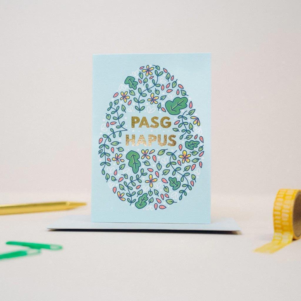 Greeting Card - Gold Foiled - Pasg Hapus / Happy Easter - Floral Egg