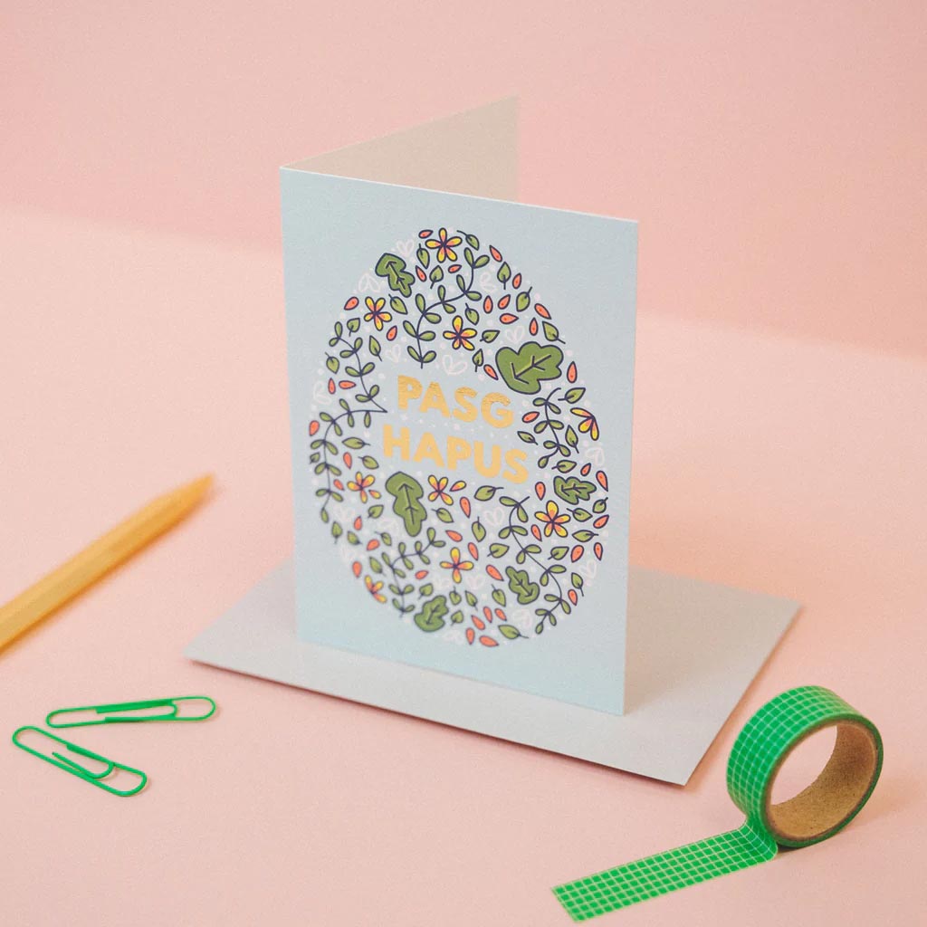 Greeting Card - Gold Foiled - Pasg Hapus / Happy Easter - Floral Egg