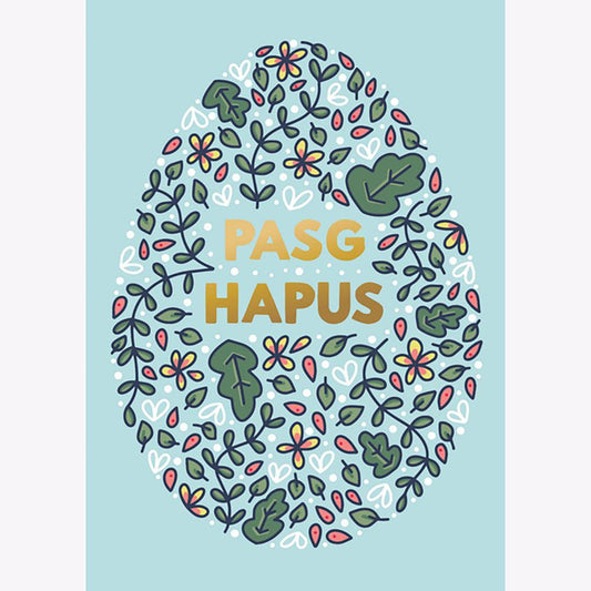 Cerdyn Cyfarch - Foiled Aur - Pasg Hapus / Happy Easter - Floral Egg