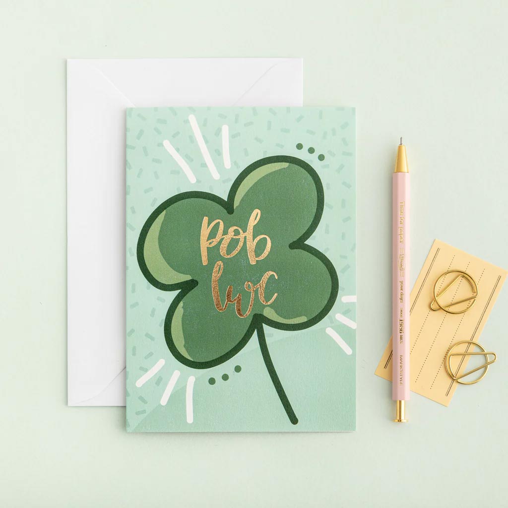 Greeting Card - Foiled - Pob Lwc / Good Luck - Clover