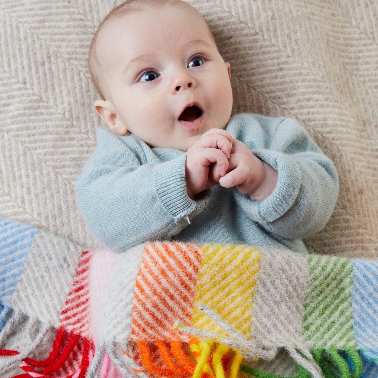 Baby Pram Blanket - New Wool - Rainbow Stripe Grey