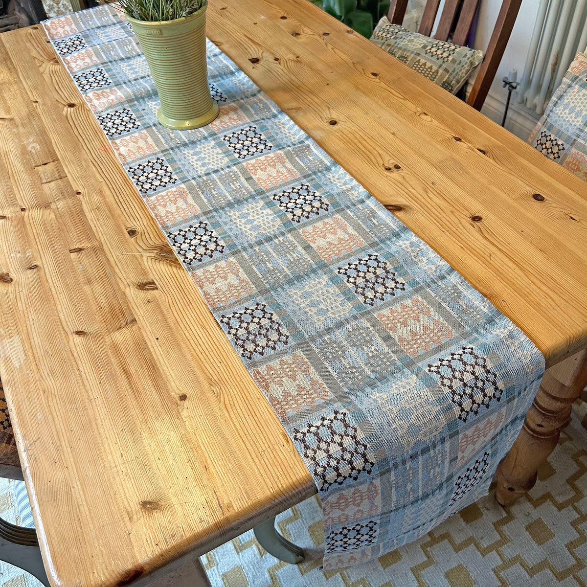 Table Runner - Welsh Tapestry Design - Pale Blue & Peach