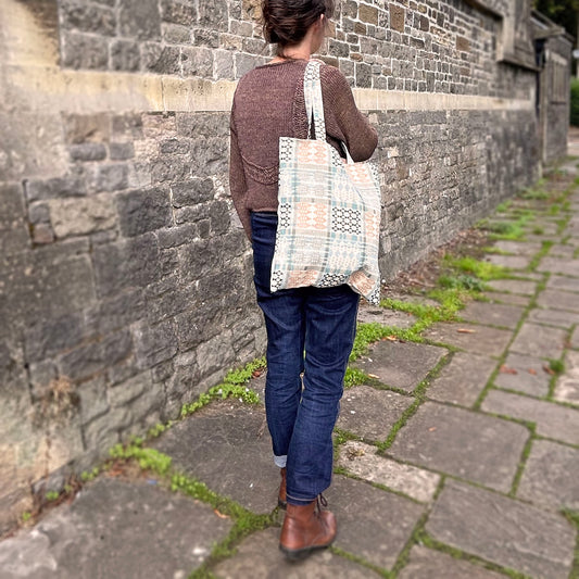 Tote Bag - Welsh Tapestry / Blanket Design - Pale Blue & Peach