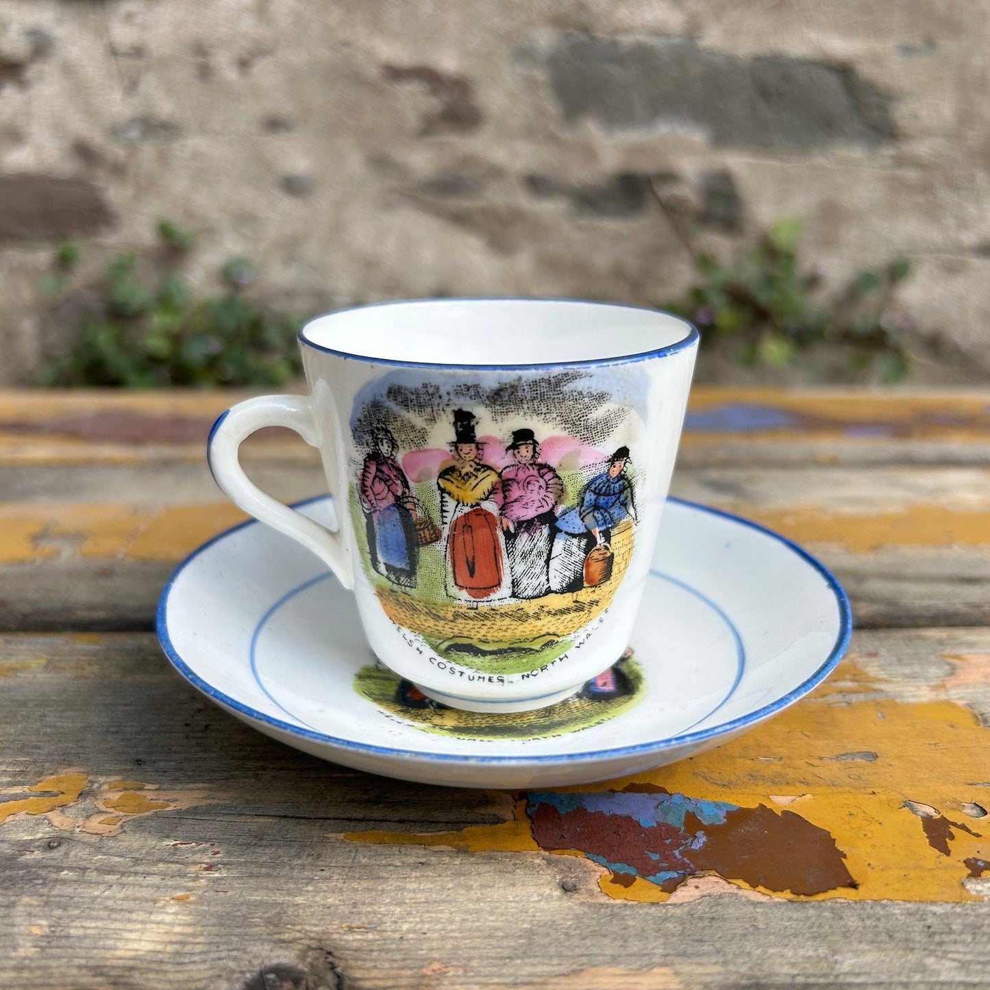 Small Cup & Saucer - Welsh Costumes - Antique Victorian Souvenir (Preloved)