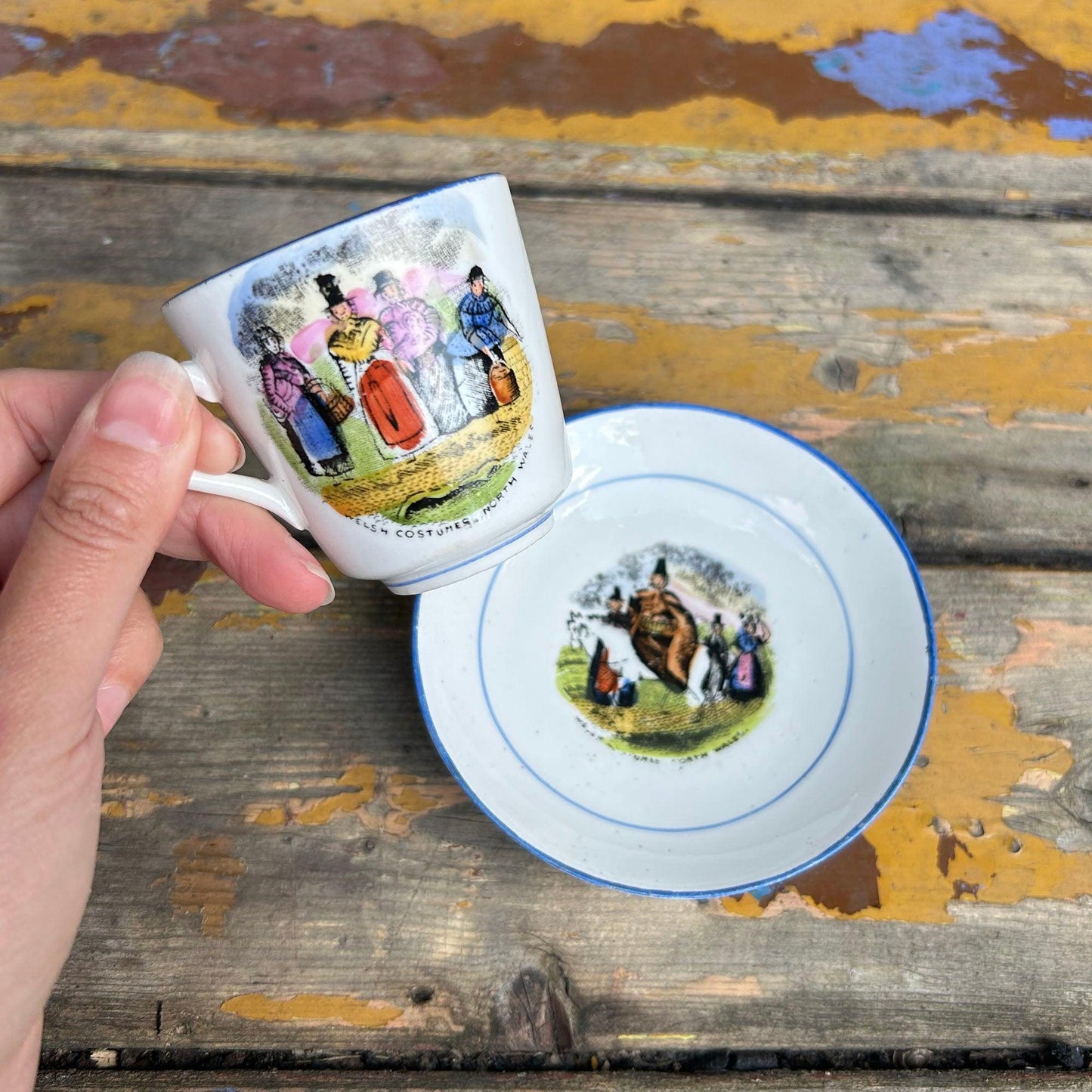 Small Cup & Saucer - Welsh Costumes - Antique Victorian Souvenir (Preloved)