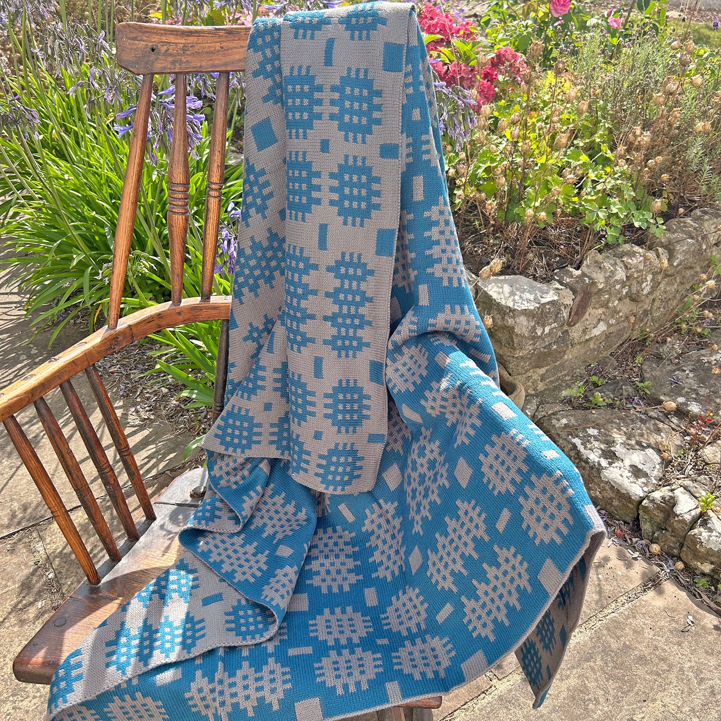 Throw / Blanket - Welsh Tapestry Print - Teal & Grey