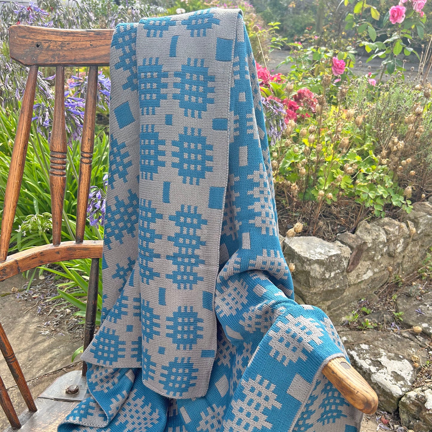 Throw / Blanket - Welsh Tapestry Print - Teal & Grey