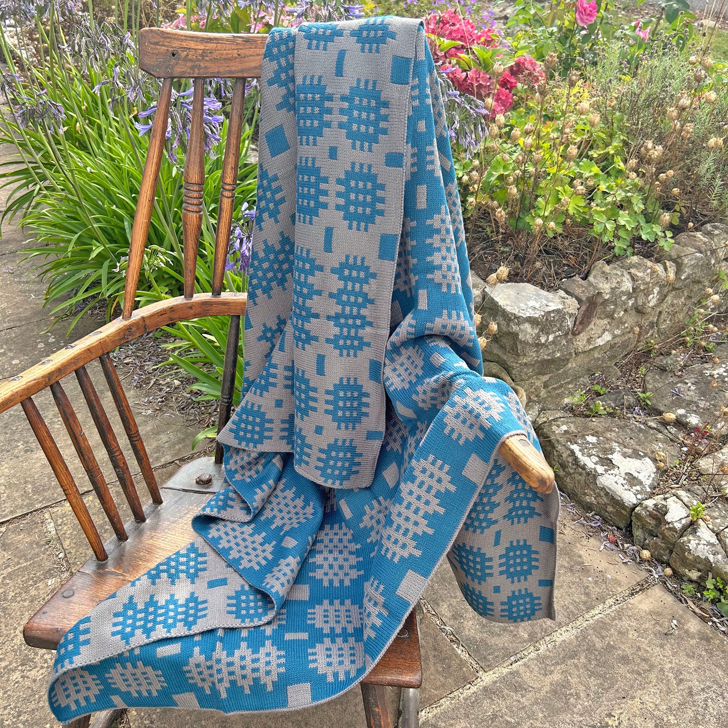 Throw / Blanket - Welsh Tapestry Print - Teal & Grey