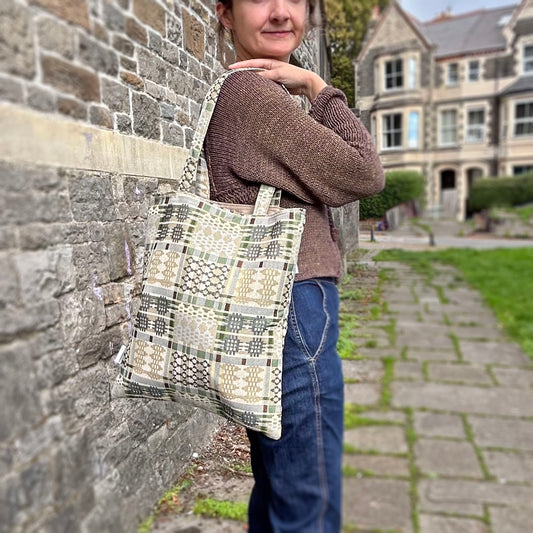 Tote Bag - Welsh Tapestry / Blanket Design - Sage Green & Ice Blue