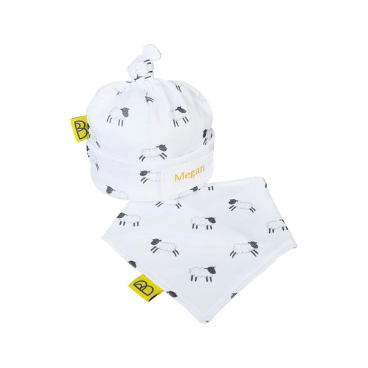 Baby Gift Set - Organic Hat Dribble Bib – Welsh Lambs - Personalised