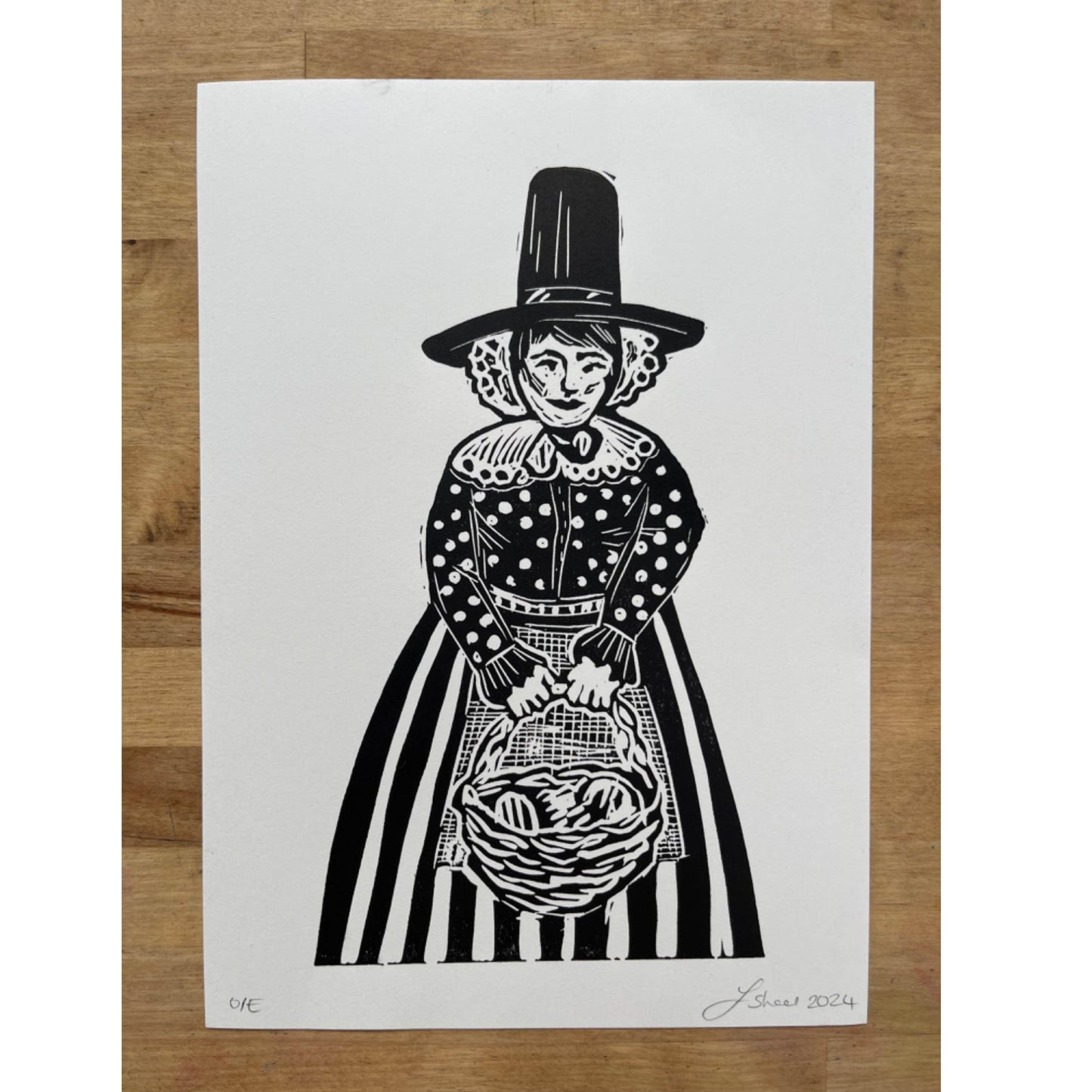 Argraffu / Gwaith Celf - Linoprint Argraffu â Llaw - Welsh Lady - A5
