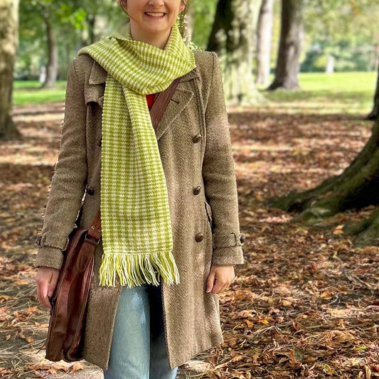 Scarf - 100% Wool - Handwoven - Welsh Checked - Green & Cream