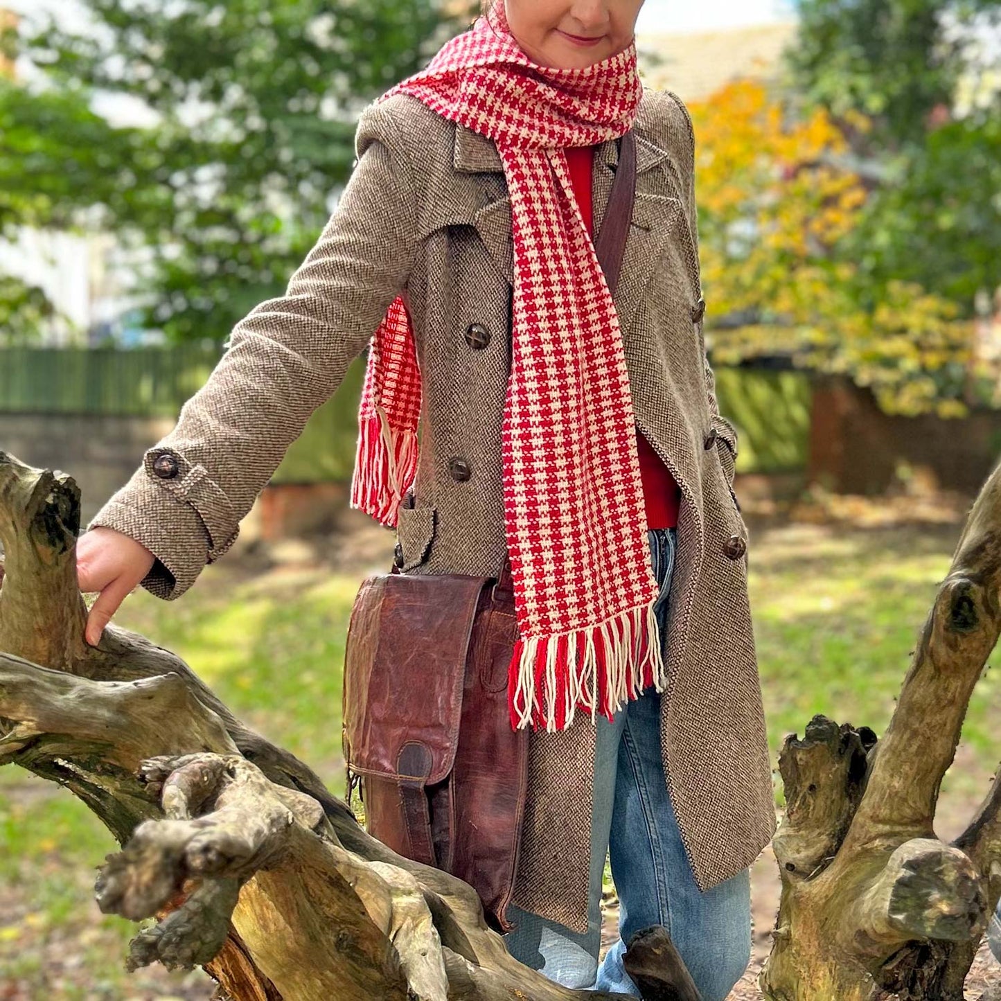 Scarf - 100% Wool - Handwoven - Welsh Checked - Red & Cream