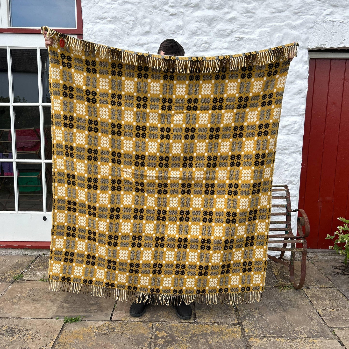 Throw / Blanket - Welsh Tapestry / Carthen Ysgafn - Caernarfon - 100% Wool - Welsh Gold Yellow