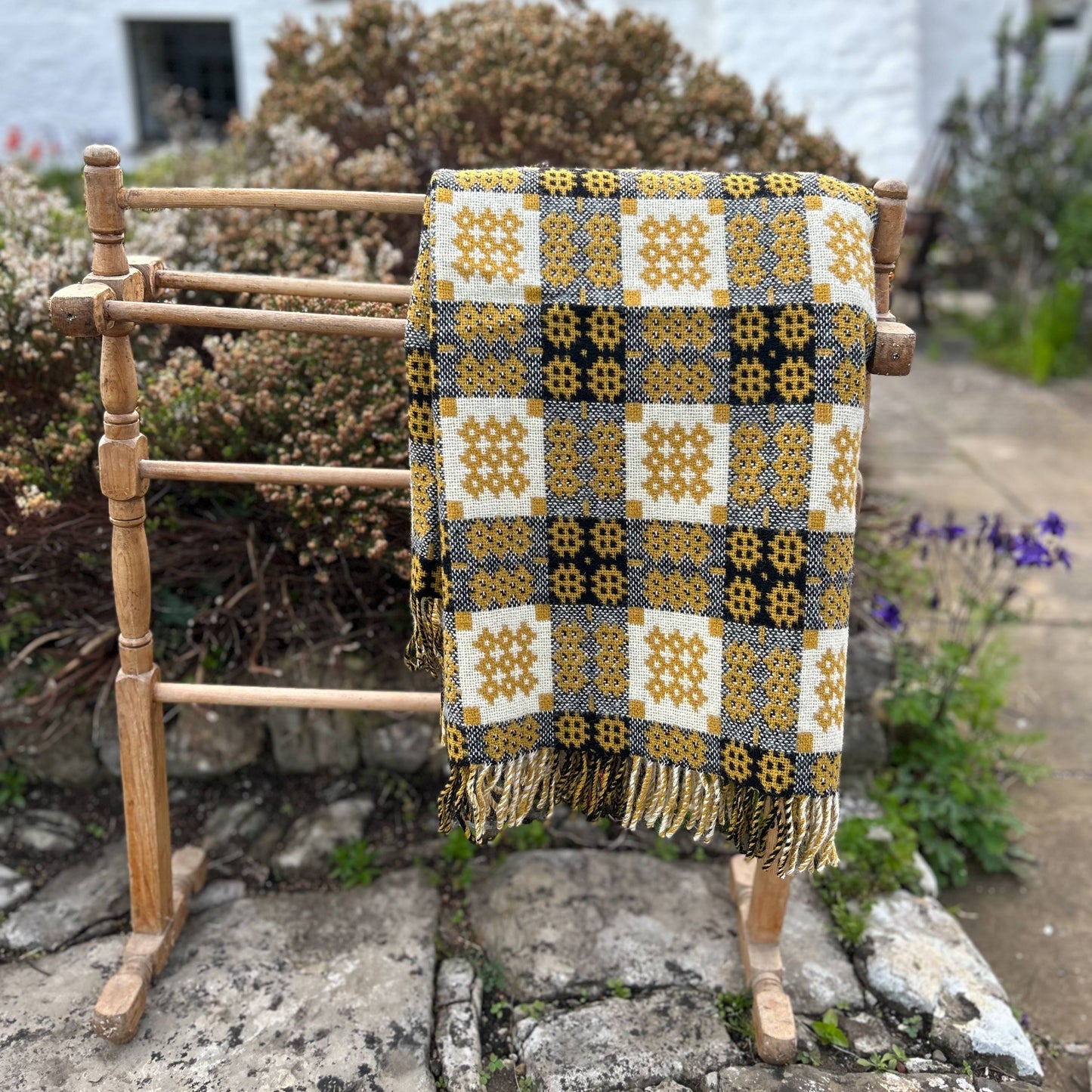 Throw / Blanket - Welsh Tapestry / Carthen Ysgafn - Caernarfon - 100% Wool - Welsh Gold Yellow