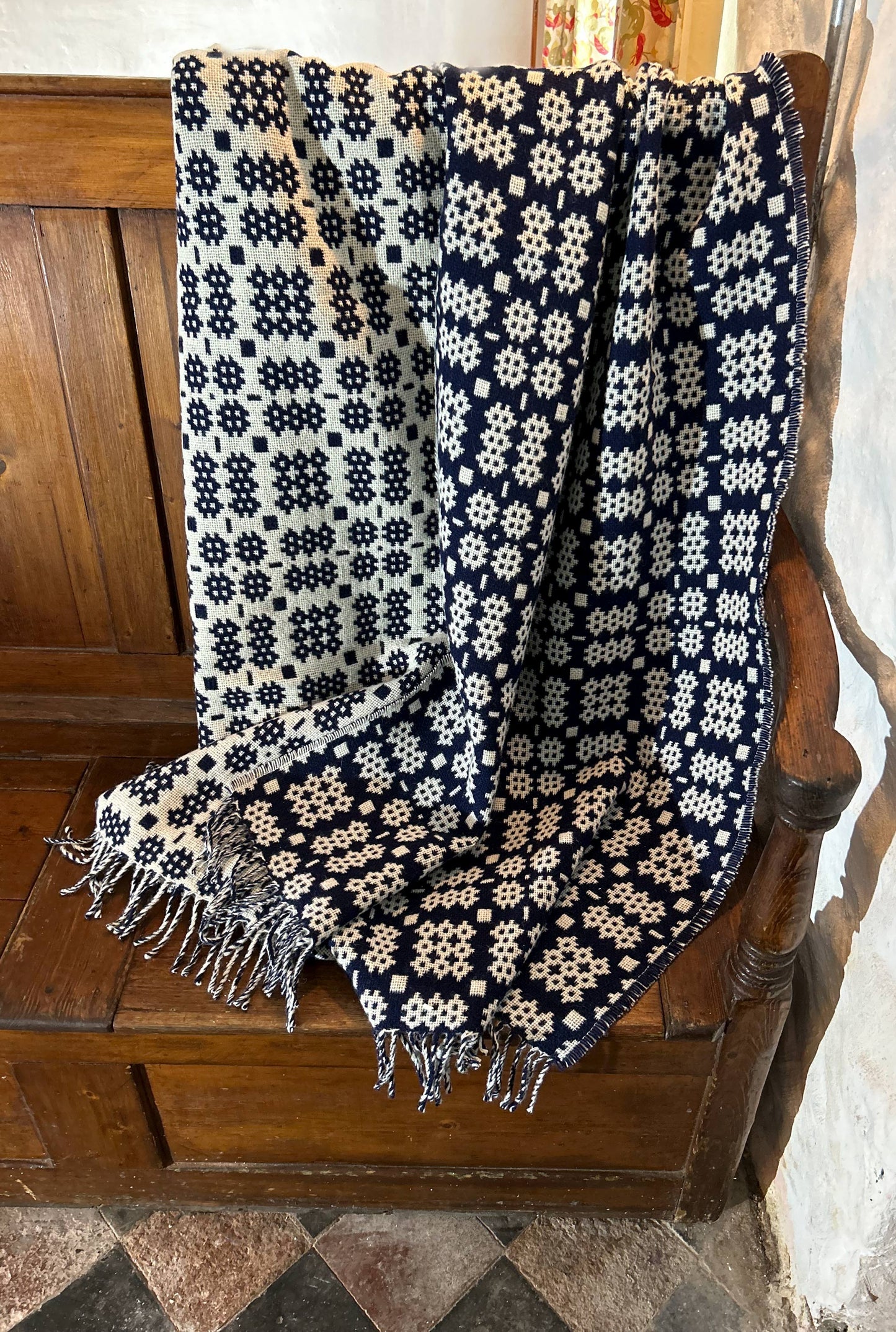 Throw / Blanket - Welsh Tapestry / Carthen Ysgafn - Caernarfon - 100% Wool - Midnight Navy