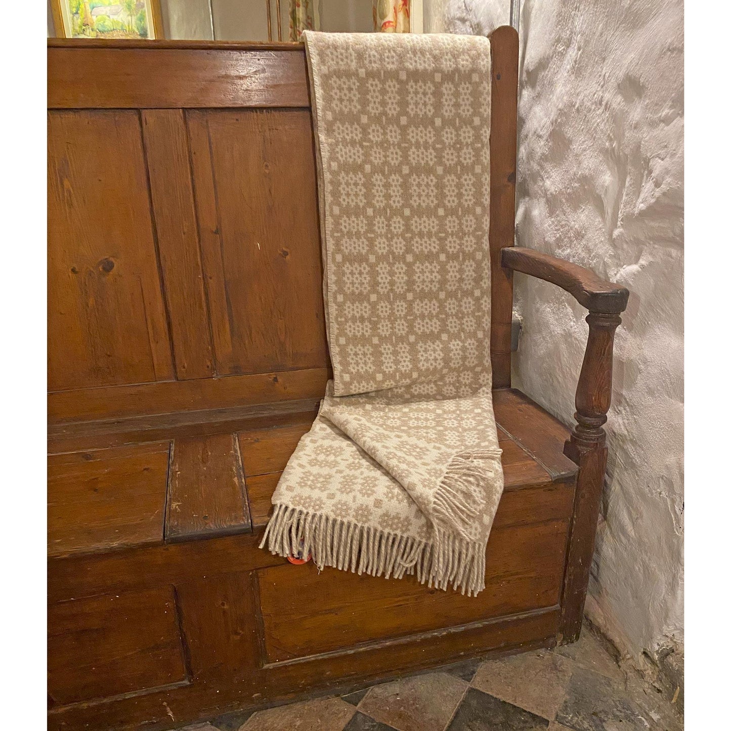 Throw / Blanket - Welsh Tapestry / Carthen Ysgafn - Caernarfon - 100% Wool - Beige - Grain