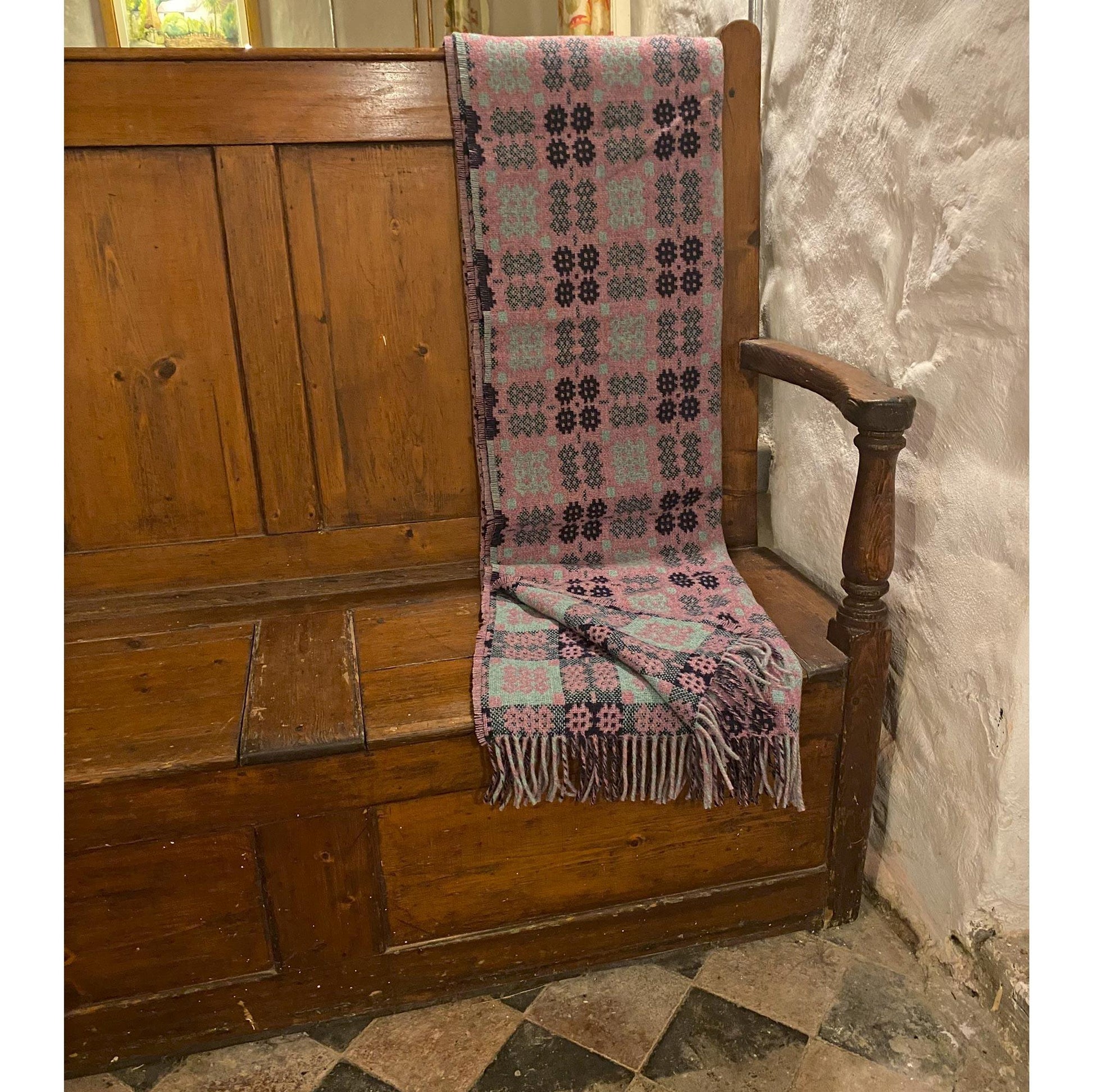 Throw / Blanket - Welsh Tapestry / Carthen Ysgafn - Caernarfon - 100% Wool - Pink & Green