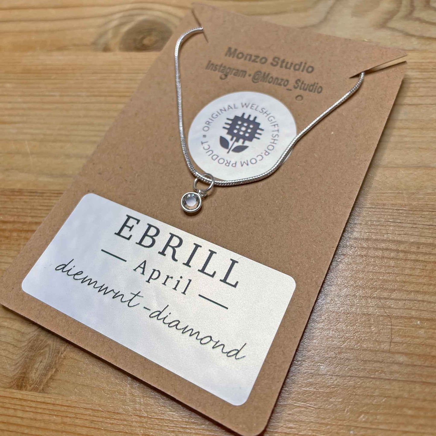 Birthstone Crystal Pendant - Silver Necklace - Welsh Language - April / Diamond