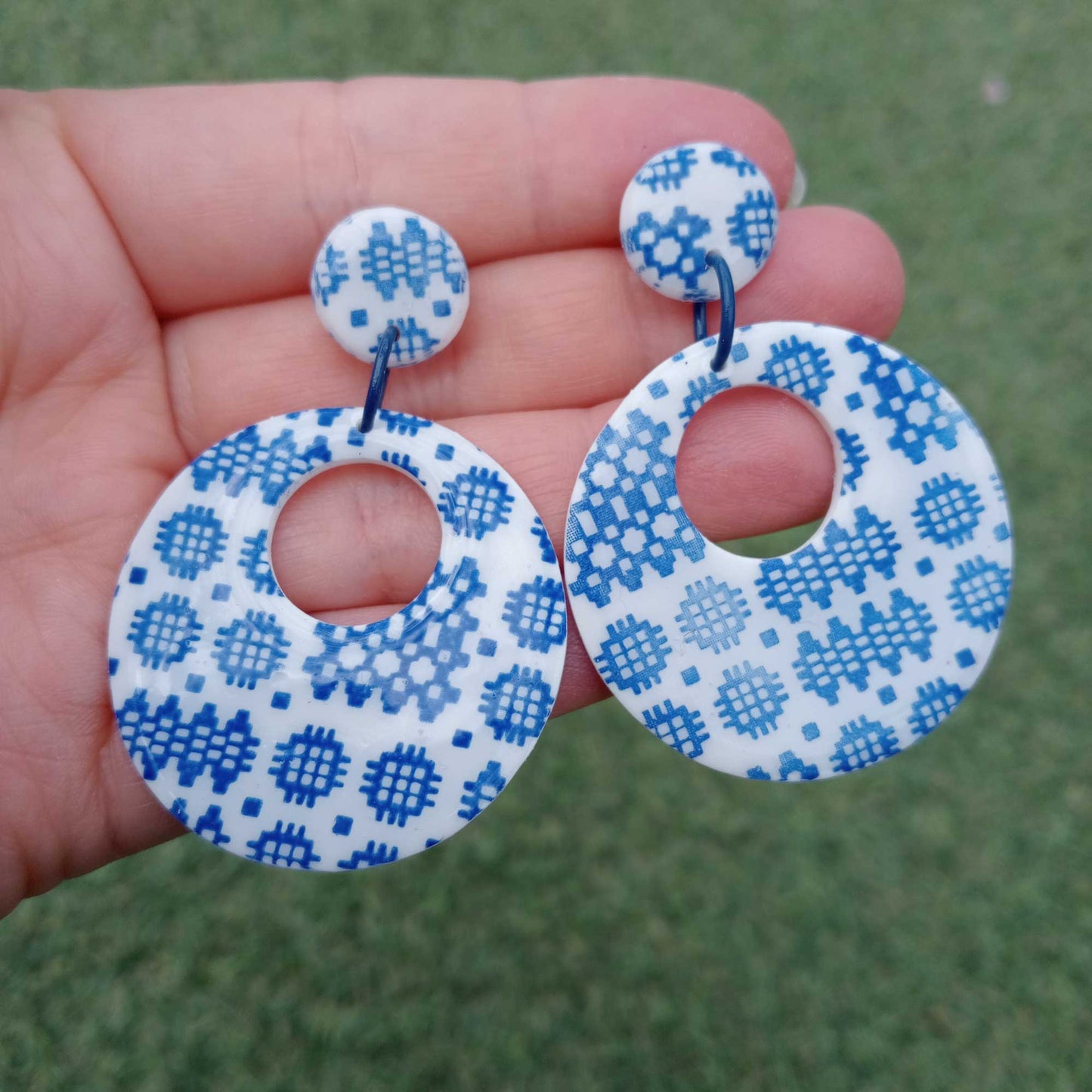 Drop Hoop Earrings - Welsh Tapestry - Blue Carthen