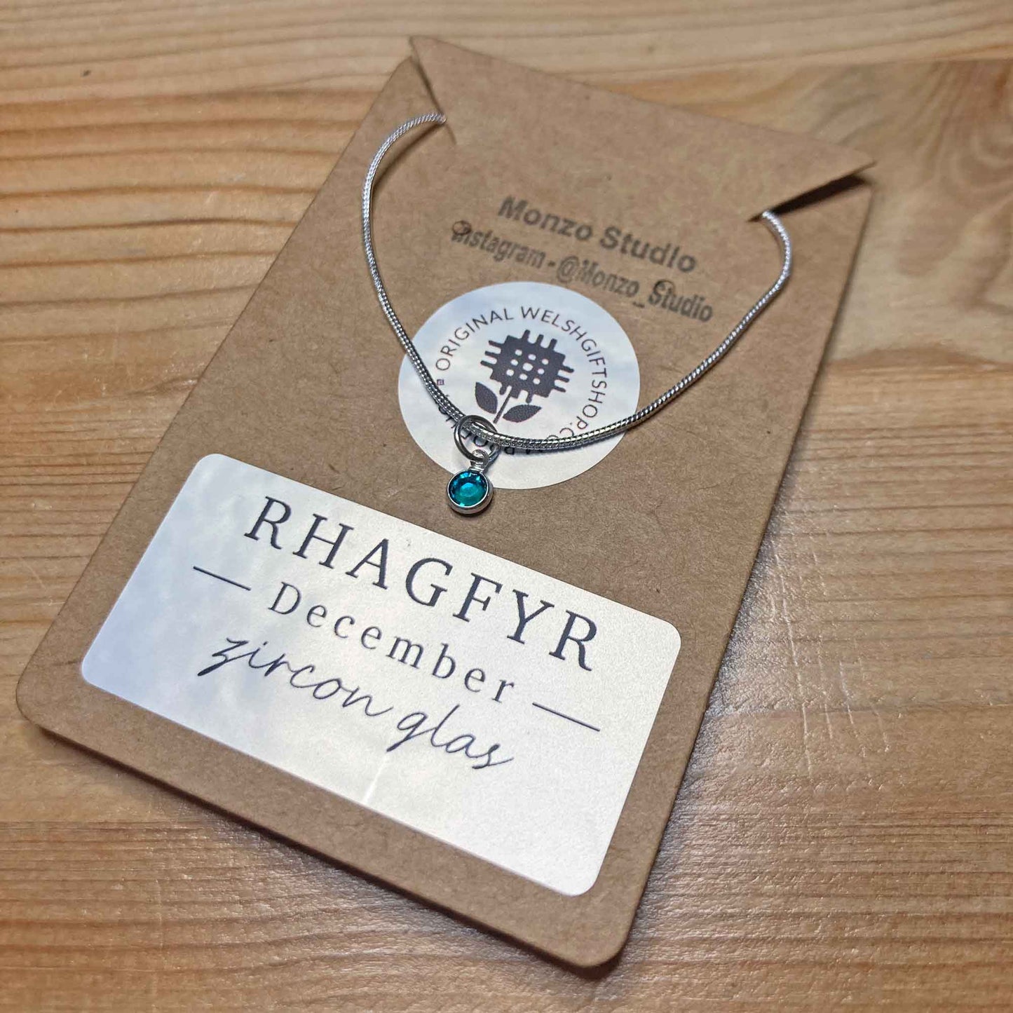 Birthstone Crystal Pendant - Silver Necklace - Welsh Language - December / Blue Zircon