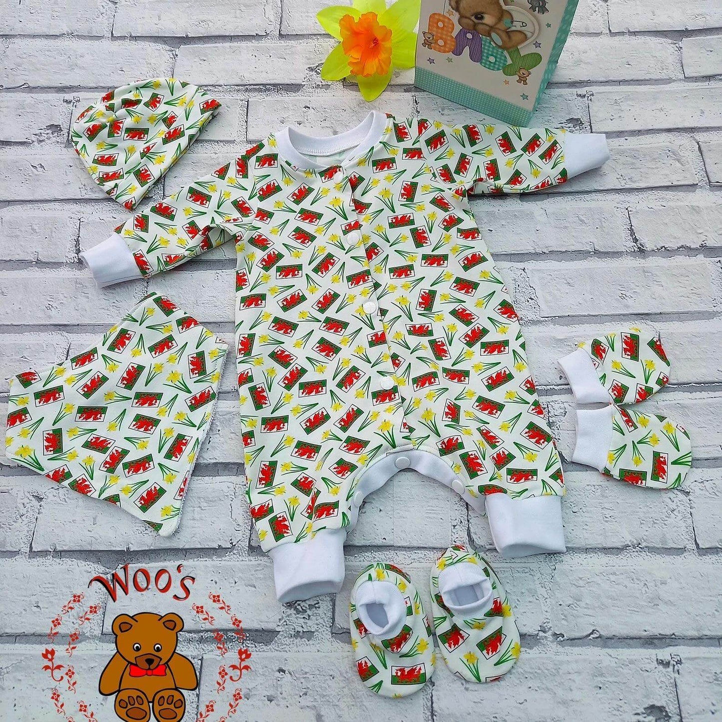 Gift Set - Babygro, Hat, Bib, Mittens and Booties - Daffodil and Dragon Flag Print