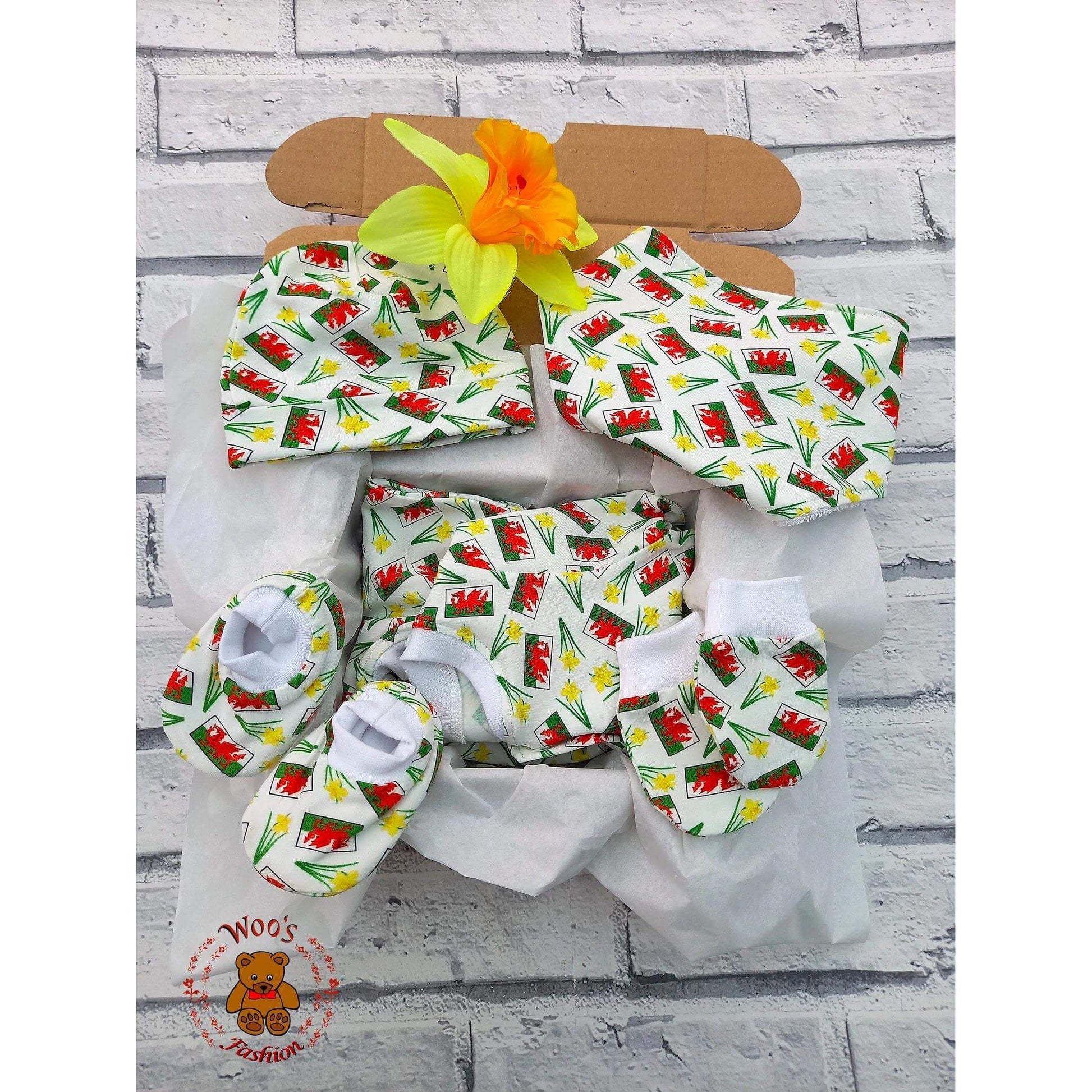 Gift Set - Babygro, Hat, Bib, Mittens and Booties - Daffodil and Dragon Flag Print