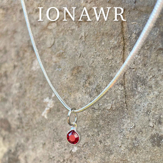 Birthstone Crystal Pendant - Silver Necklace - Welsh Language - January / Garnet