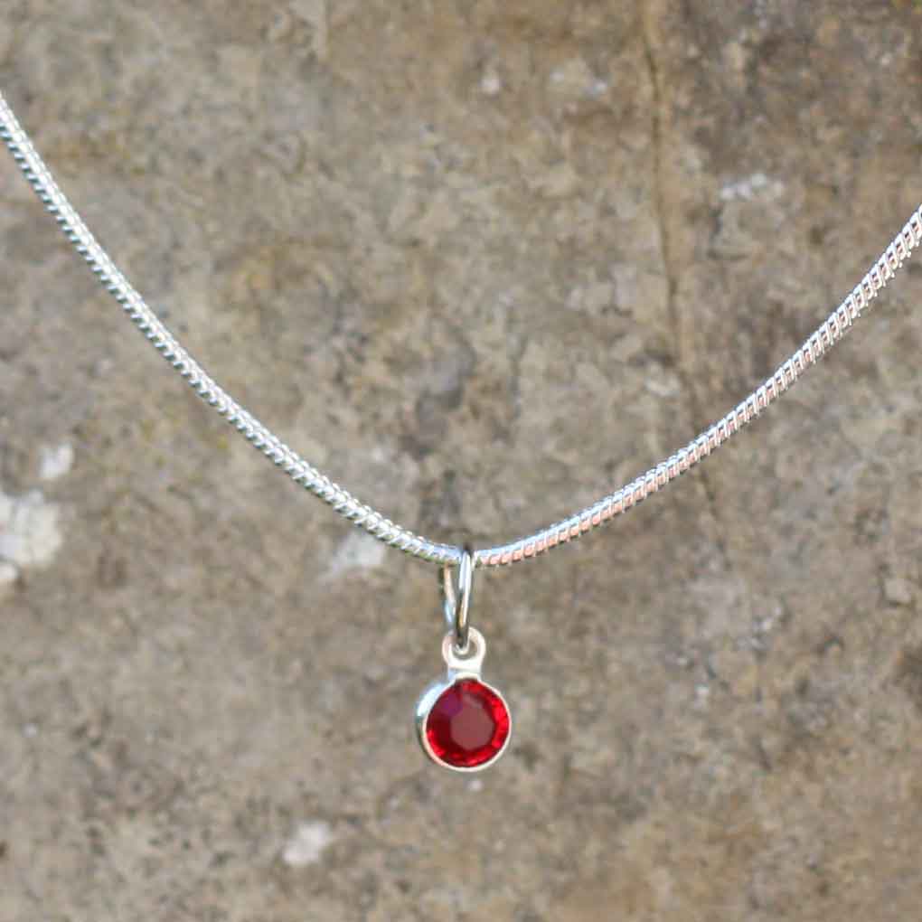 Birthstone Crystal Pendant - Silver Necklace - Welsh Language - January / Garnet