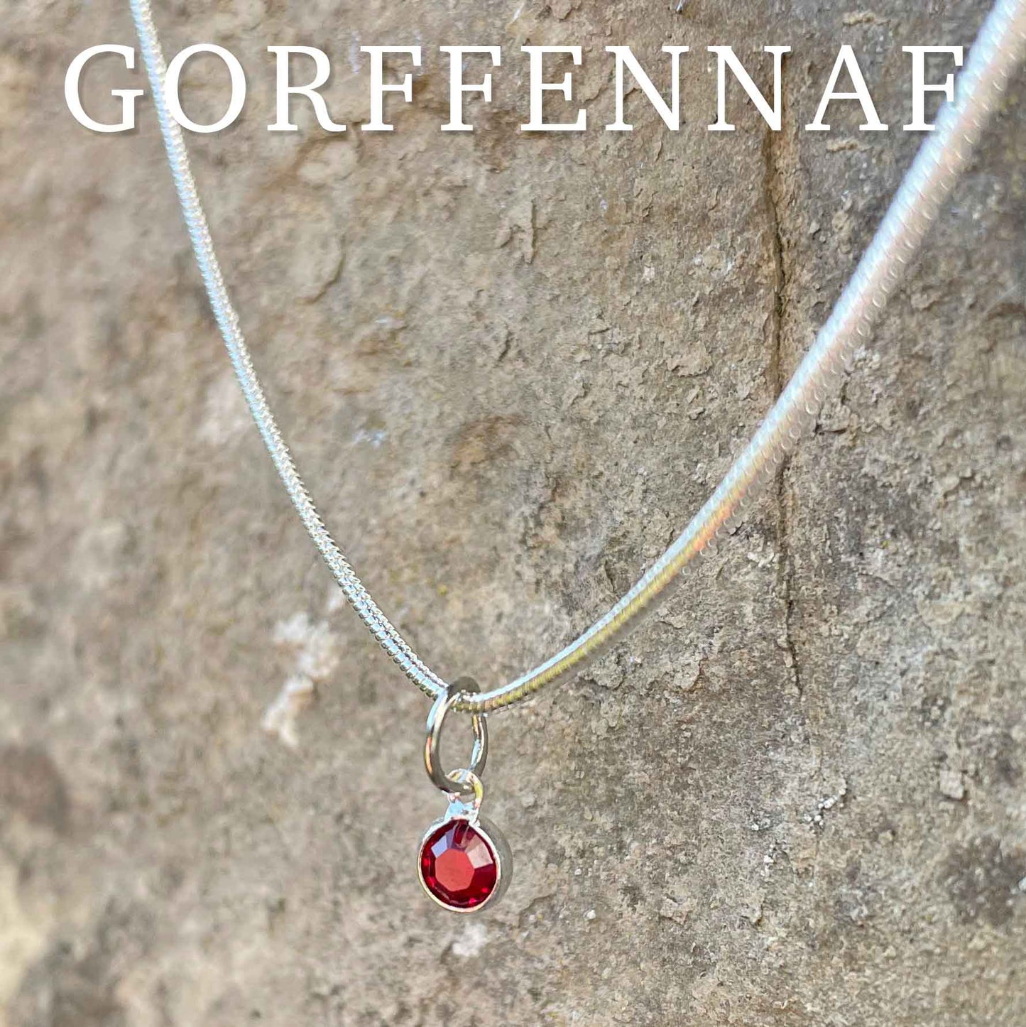 Birthstone Crystal Pendant - Silver Necklace - Welsh Language - July / Ruby