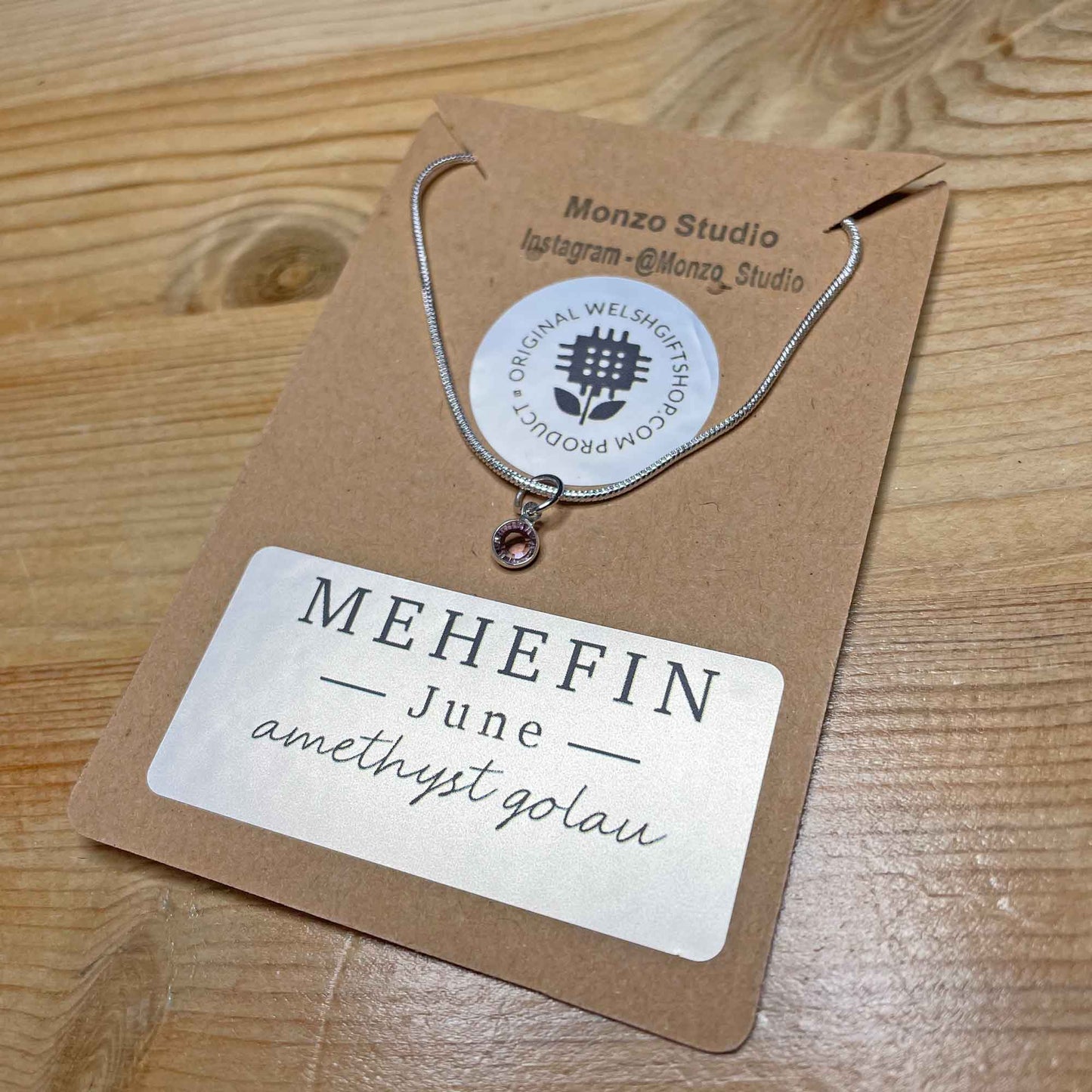 Birthstone Crystal Pendant - Silver Necklace - Welsh Language - June / Light Amethyst