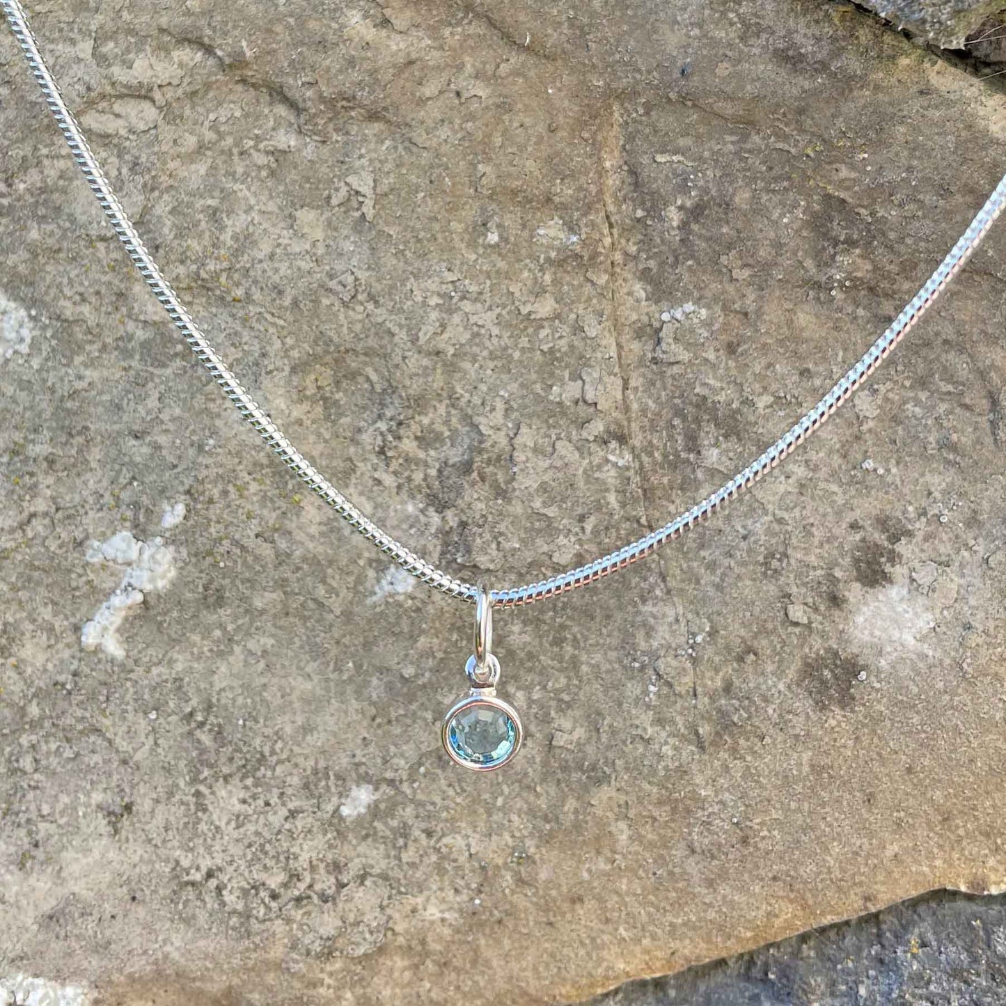 Birthstone Crystal Pendant - Silver Necklace - Welsh Language - March / Aquamarine