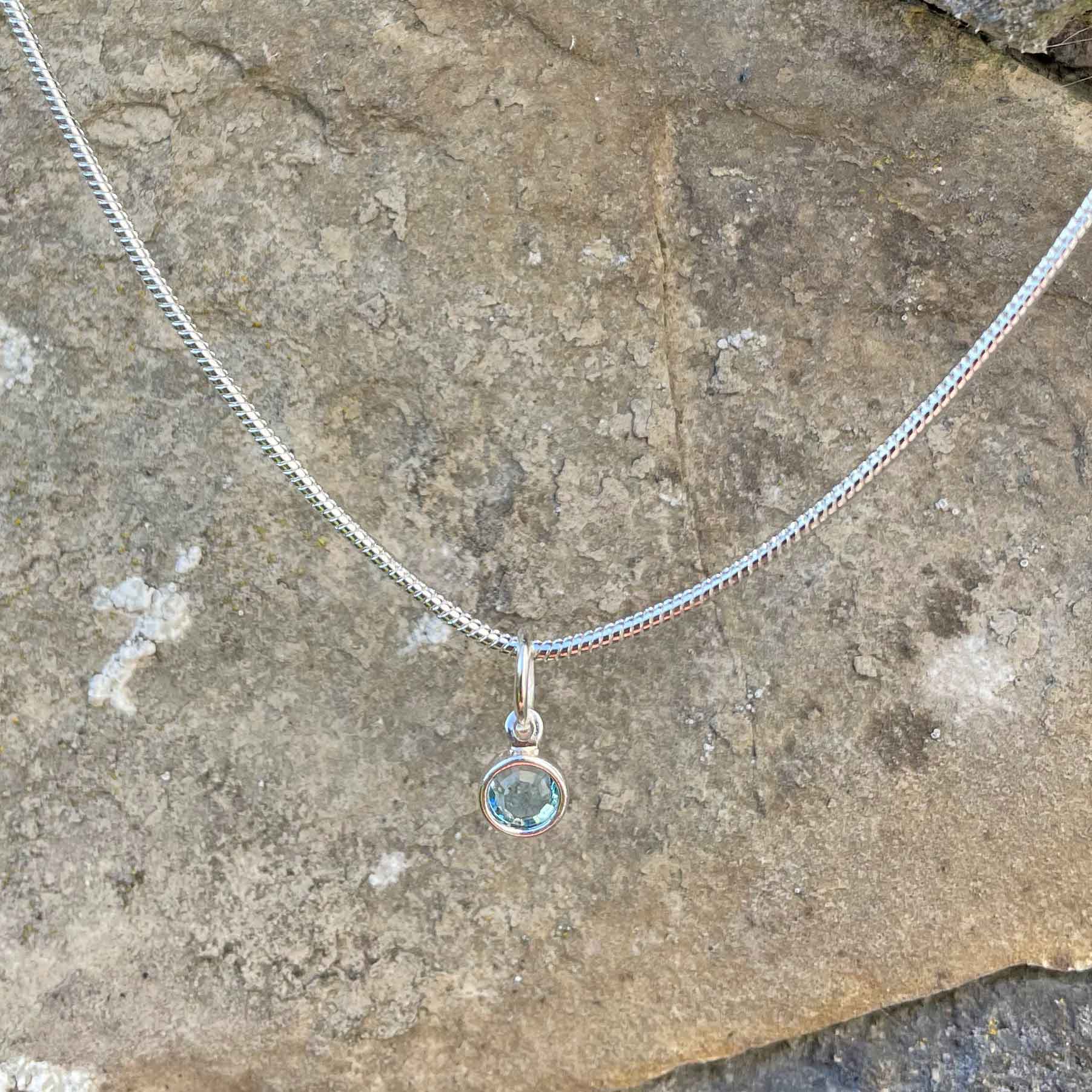 Birthstone Crystal Pendant - Silver Necklace - Welsh Language - March / Aquamarine