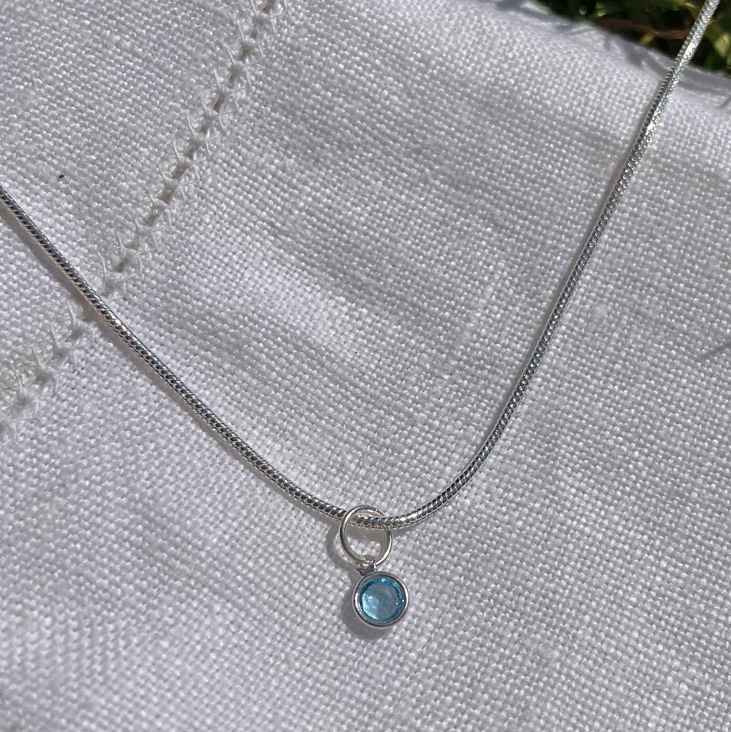 Birthstone Crystal Pendant - Silver Necklace - Welsh Language - March / Aquamarine