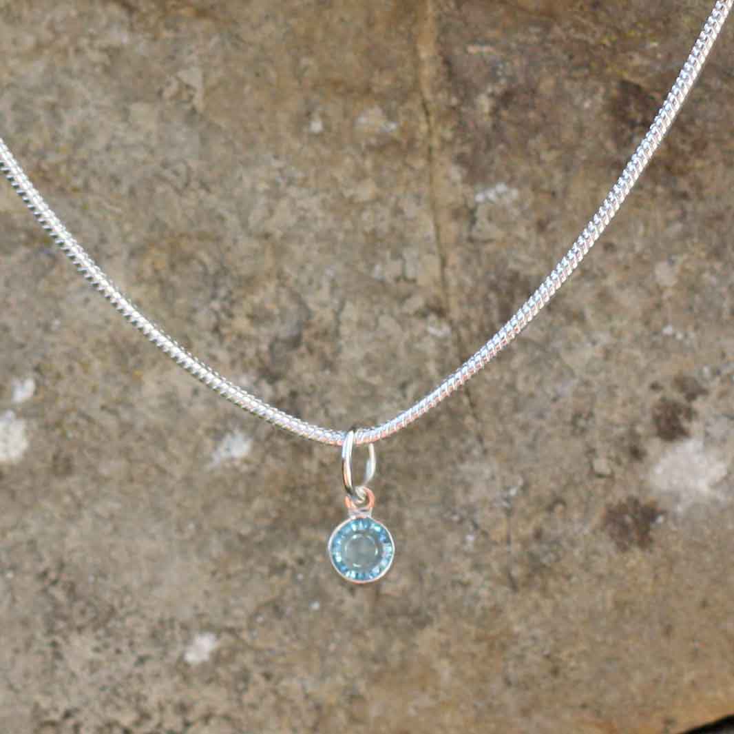 Birthstone Crystal Pendant - Silver Necklace - Welsh Language - March / Aquamarine