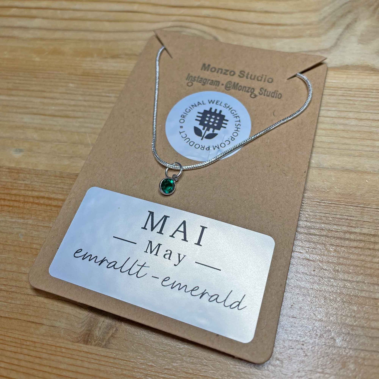 Birthstone Crystal Pendant - Silver Necklace - Welsh Language - May / Emerald