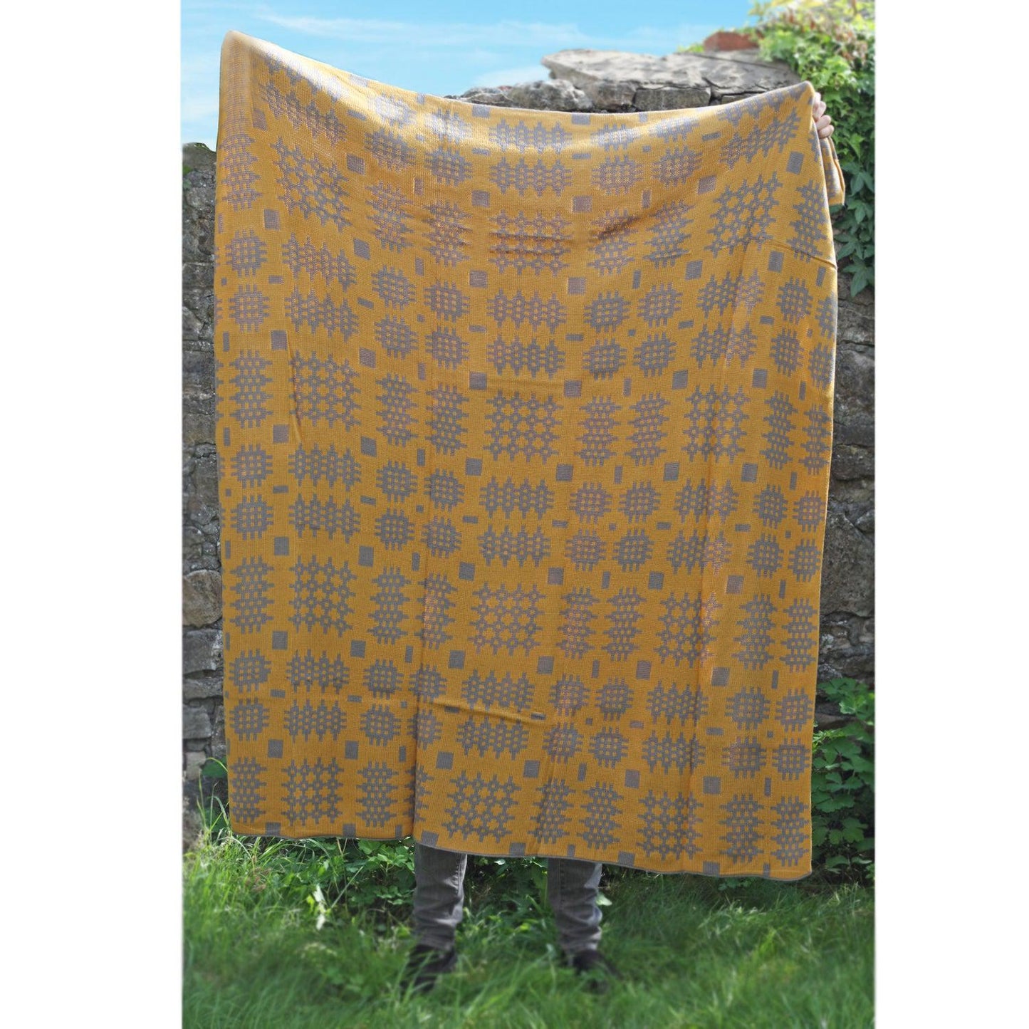 Throw / Blanket - Welsh Tapestry Print - Mustard & Grey