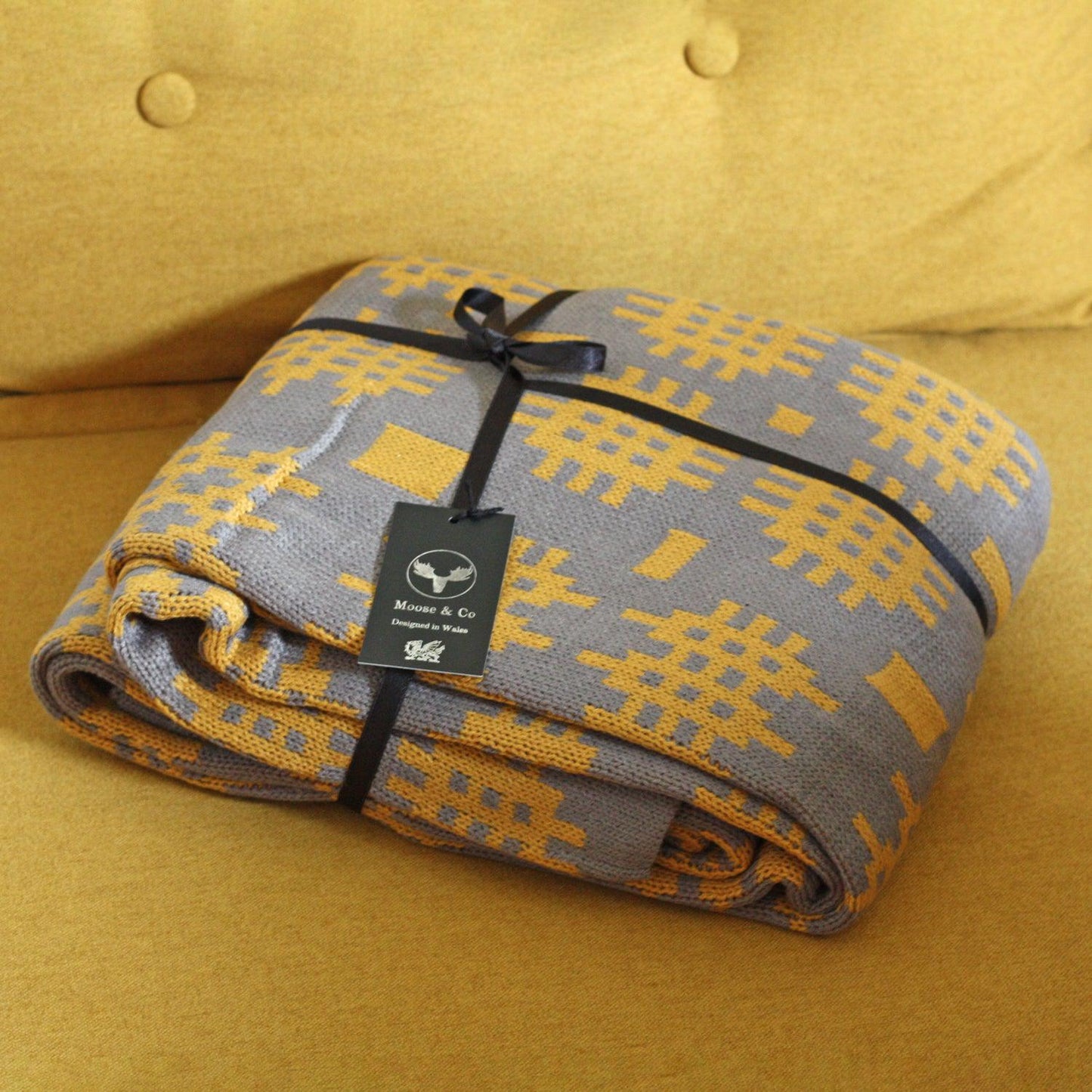Throw / Blanket - Welsh Tapestry Print - Mustard & Grey