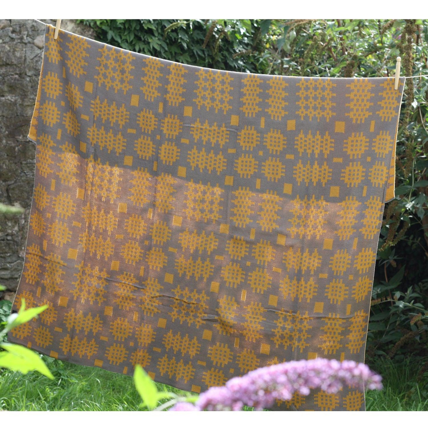 Throw / Blanket - Welsh Tapestry Print - Mustard & Grey